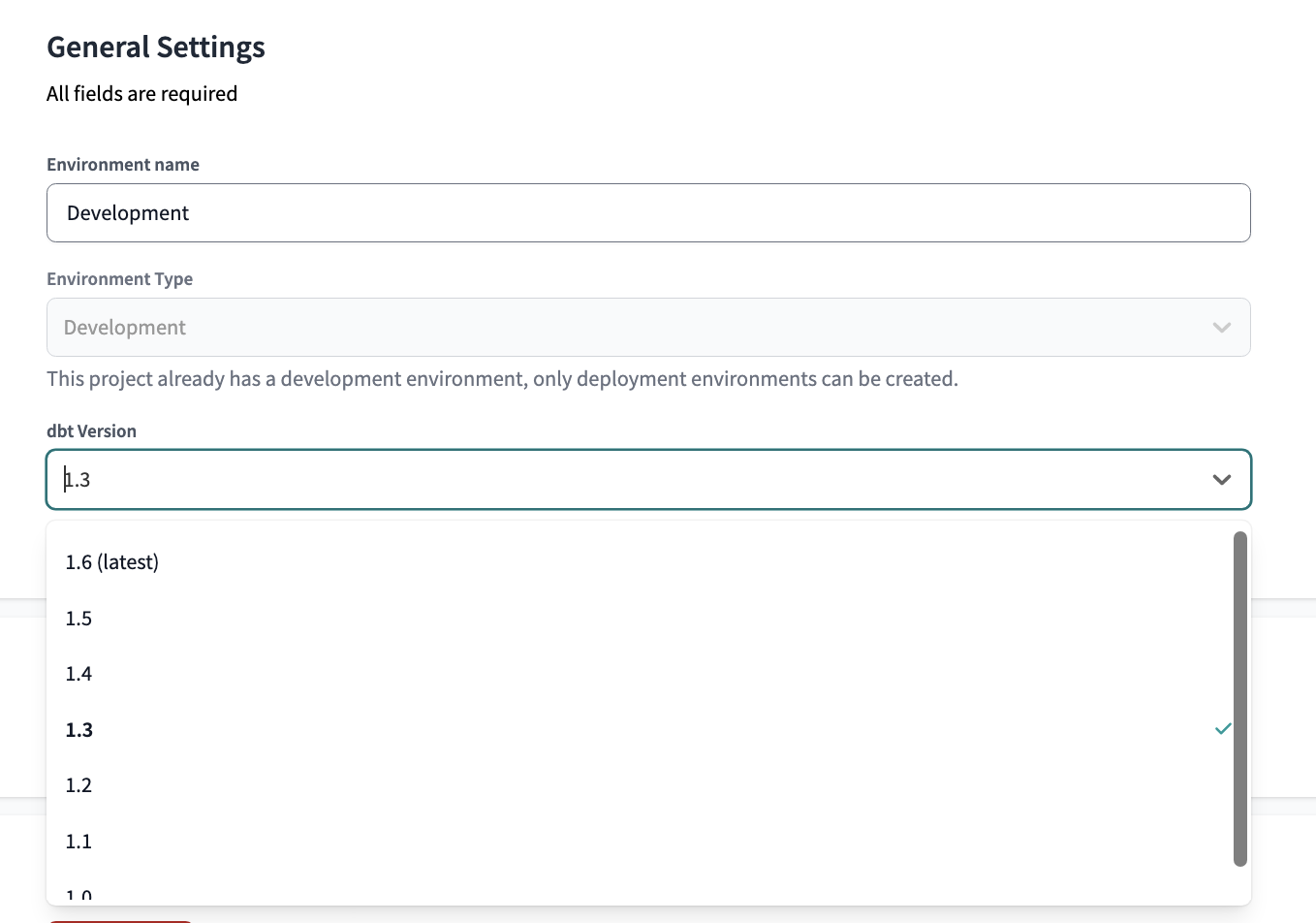 dbt Cloud versions dropdown